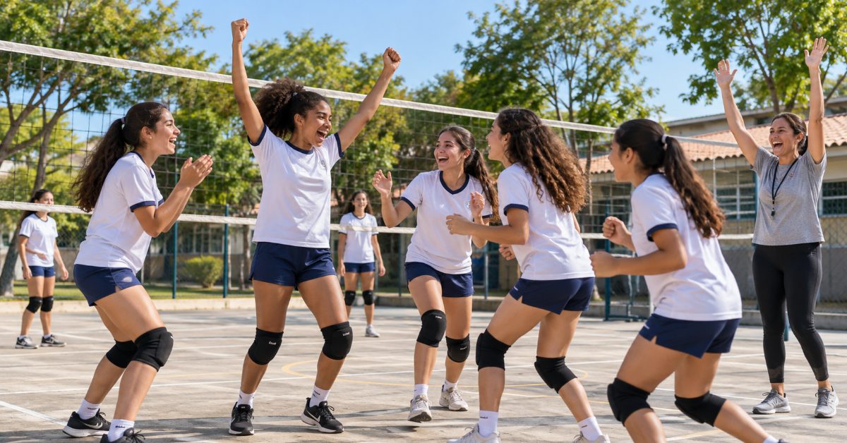 Meninas adolescentes comemoram ponto em jogo de vôlei no pátio da escola