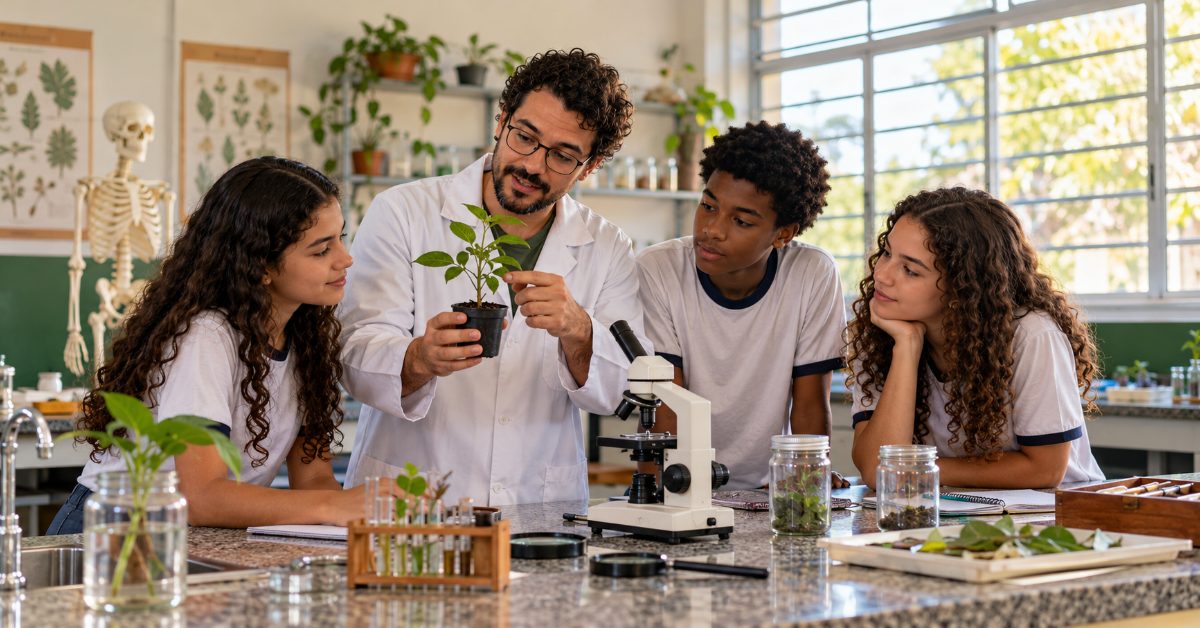 Professor de jaleco mostra muda de planta a estudantes em laboratório de ciências com microscópio e amostras.