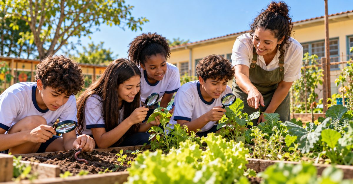 Estudantes usam lupas para observar plantas e uma minhoca na horta escolar, orientados por uma professora.