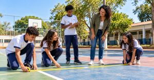 Estudantes medem a quadra da escola com trena e anotam os dados em prancheta, acompanhados pela professora.
